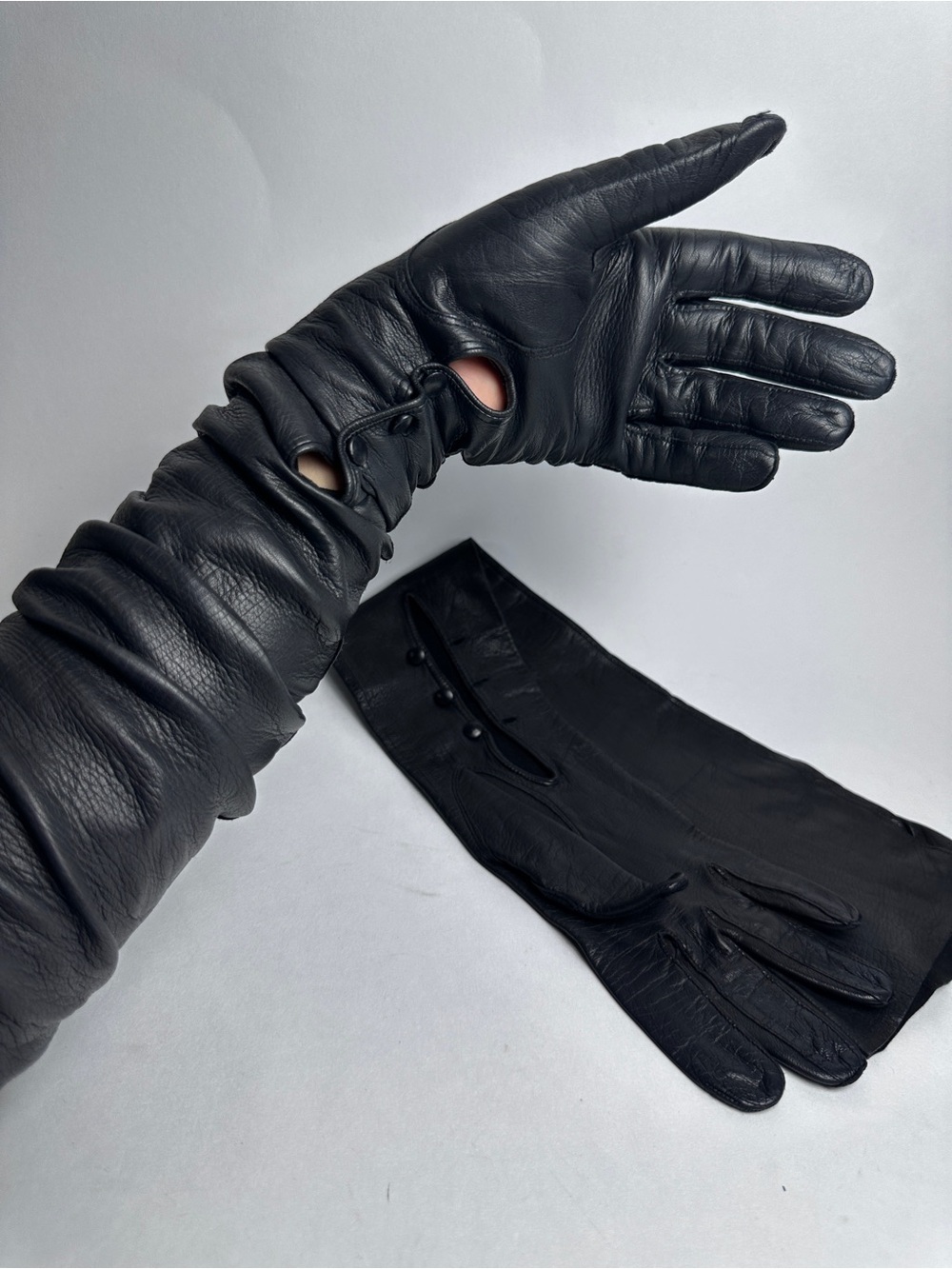 Vintage Bill Blass Black Leather Opera Gloves 23” Long Over Elbow